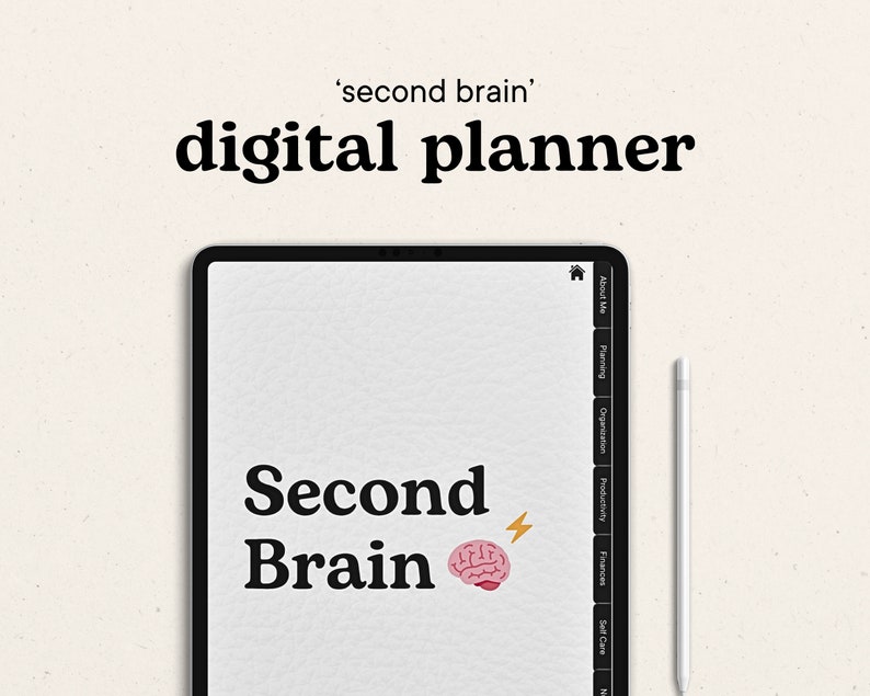 Puede incluir: Una aplicaci&oacute;n de planificaci&oacute;n digital en la pantalla de una tableta con el texto "Second Brain" y un icono de cerebro. La aplicaci&oacute;n tiene categor&iacute;as para "Acerca de m&iacute;", "Planificaci&oacute;n", "Organizaci&oacute;n", "Productividad", "Finanzas" y "Autocuidado".