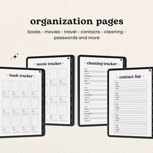 Puede incluir: Cuatro pantallas de tabletas digitales que muestran p&aacute;ginas de organizaci&oacute;n para realizar un seguimiento de libros, pel&iacute;culas, tareas de limpieza y contactos. Cada p&aacute;gina tiene un dise&ntilde;o simple con texto negro y l&iacute;neas sobre un fondo blanco.