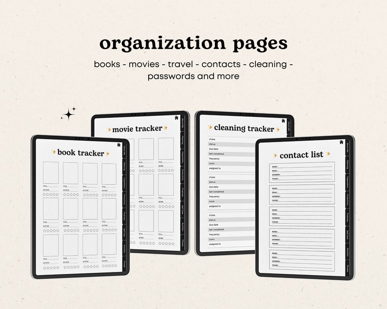 Puede incluir: Cuatro pantallas de tabletas digitales que muestran p&aacute;ginas de organizaci&oacute;n para realizar un seguimiento de libros, pel&iacute;culas, tareas de limpieza y contactos. Cada p&aacute;gina tiene un dise&ntilde;o simple con texto negro y l&iacute;neas sobre un fondo blanco.