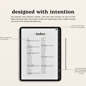 Puede incluir: Una aplicaci&oacute;n de planificaci&oacute;n digital en la pantalla de una tableta con un l&aacute;piz blanco. La aplicaci&oacute;n tiene una lista de categor&iacute;as para la planificaci&oacute;n, que incluyen el cuidado personal, la organizaci&oacute;n, la productividad y las finanzas. El texto "+ index +" est&aacute; en la parte superior de la pantalla.