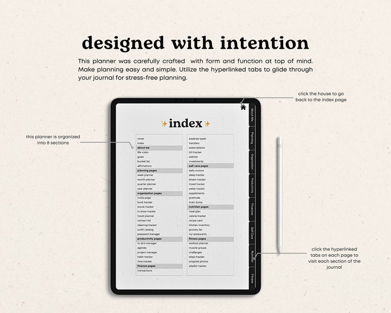 Puede incluir: Una aplicaci&oacute;n de planificaci&oacute;n digital en la pantalla de una tableta con un l&aacute;piz blanco. La aplicaci&oacute;n tiene una lista de categor&iacute;as para la planificaci&oacute;n, que incluyen el cuidado personal, la organizaci&oacute;n, la productividad y las finanzas. El texto "+ index +" est&aacute; en la parte superior de la pantalla.
