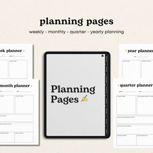 Puede incluir: Una plantilla de planificador digital con cuatro p&aacute;ginas de planificaci&oacute;n diferentes: semana, mes, trimestre y a&ntilde;o. Cada p&aacute;gina tiene un dise&ntilde;o simple con l&iacute;neas para escribir y un t&iacute;tulo en la parte superior. El t&iacute;tulo de cada p&aacute;gina est&aacute; escrito en texto negro con una estrella amarilla a cada lado. El t&iacute;tulo del planificador digital es "Planning Pages" con un icono de l&aacute;piz y pincel.