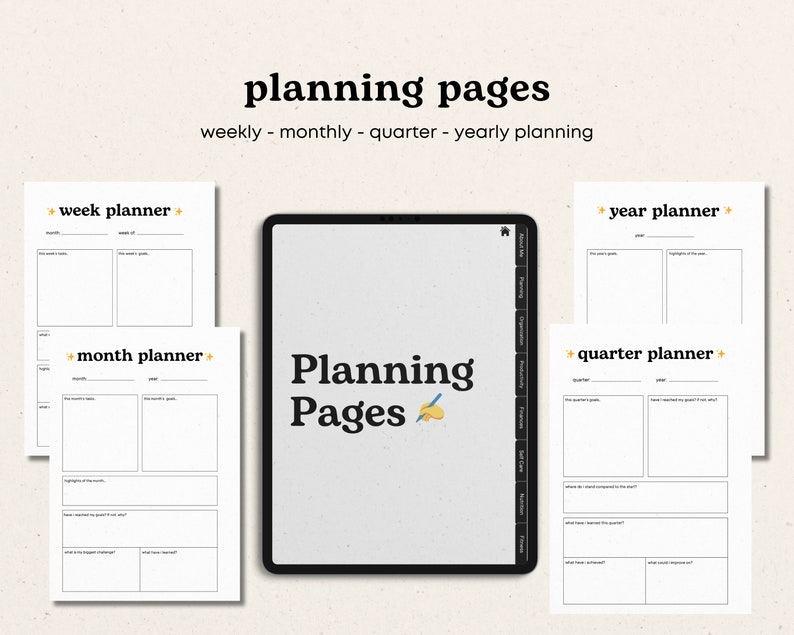Puede incluir: Una plantilla de planificador digital con cuatro p&aacute;ginas de planificaci&oacute;n diferentes: semana, mes, trimestre y a&ntilde;o. Cada p&aacute;gina tiene un dise&ntilde;o simple con l&iacute;neas para escribir y un t&iacute;tulo en la parte superior. El t&iacute;tulo de cada p&aacute;gina est&aacute; escrito en texto negro con una estrella amarilla a cada lado. El t&iacute;tulo del planificador digital es "Planning Pages" con un icono de l&aacute;piz y pincel.