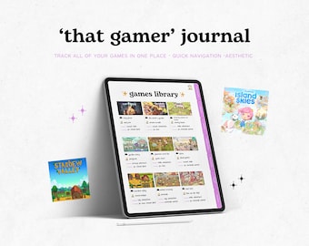 May include: A digital tablet displaying a games library tracker with a list of games and their genres. The tablet is on a white surface with a pink background. There are two game covers on the surface, one for "Stardew Valley" and one for "Island Skies".