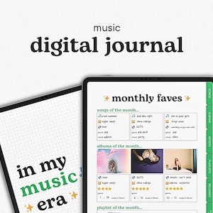 Puede incluir: Una interfaz de aplicación de diario digital con una pestaña verde etiquetada como "Canciones", "Álbumes", "Artistas", "Listas de reproducción" y "Lanzamientos". La pantalla principal muestra una lista de "Favoritos mensuales" con una sección para "Canciones del mes" y "Álbumes del mes". La sección "Canciones del mes" incluye tres títulos de canciones con nombres de artistas y etiquetas de género. La sección "Álbumes del mes" incluye tres portadas de álbumes con nombres de artistas, calificaciones y la cantidad de canciones en la biblioteca. La sección "Lista de reproducción del mes" se encuentra en la parte inferior de la pantalla.