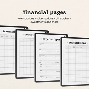 Puede incluir: Cuatro pantallas de tableta digital que muestran p&aacute;ginas financieras imprimibles para realizar un seguimiento de las transacciones, las inversiones, los gastos y las suscripciones. Cada p&aacute;gina tiene un dise&ntilde;o de cuadr&iacute;cula con columnas y filas etiquetadas.