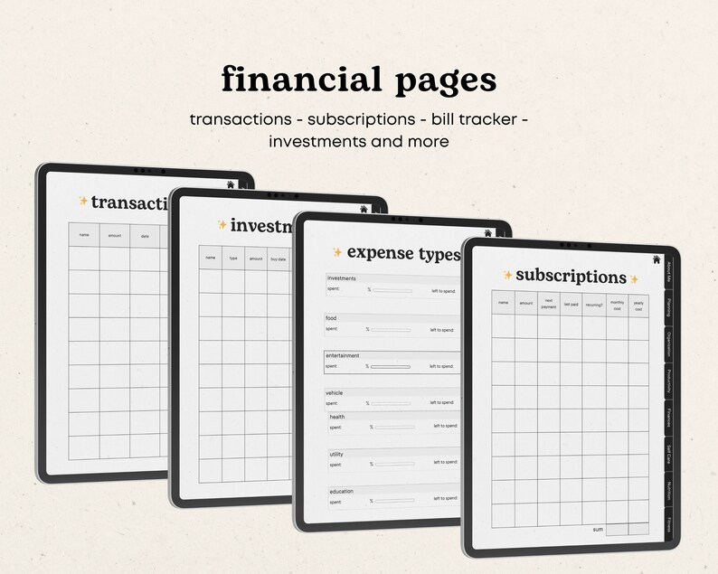 Puede incluir: Cuatro pantallas de tableta digital que muestran p&aacute;ginas financieras imprimibles para realizar un seguimiento de las transacciones, las inversiones, los gastos y las suscripciones. Cada p&aacute;gina tiene un dise&ntilde;o de cuadr&iacute;cula con columnas y filas etiquetadas.