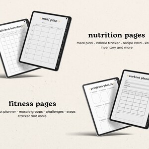 Puede incluir: Un planificador digital con p&aacute;ginas para la planificaci&oacute;n de comidas, la planificaci&oacute;n de entrenamientos, fotos de progreso e inventario de cocina. Las p&aacute;ginas est&aacute;n organizadas en secciones etiquetadas como "p&aacute;ginas de nutrici&oacute;n" y "p&aacute;ginas de fitness".