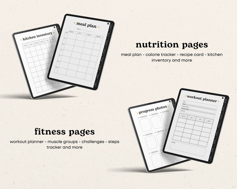 Puede incluir: Un planificador digital con p&aacute;ginas para la planificaci&oacute;n de comidas, la planificaci&oacute;n de entrenamientos, fotos de progreso e inventario de cocina. Las p&aacute;ginas est&aacute;n organizadas en secciones etiquetadas como "p&aacute;ginas de nutrici&oacute;n" y "p&aacute;ginas de fitness".