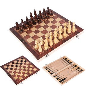 3 in 1 Wooden Folding Chess, Backgammon, and Checkers Magnetspel Game Set/Toy - 29x29cm, Travel Sized