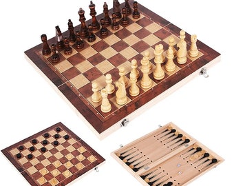 3 in 1 Wooden Folding Chess, Backgammon, and Checkers Magnetspel Game Set/Toy - 29x29cm, Travel Sized