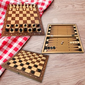 3-in-1 Wooden Chess, Checkers, Backgammon Set: Magnetic Folding Travel Game