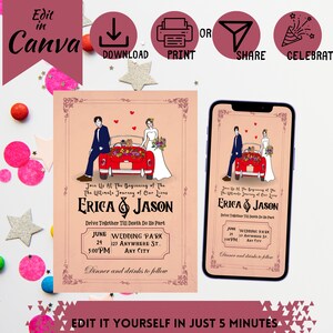 Vom Hochzeitsauto inspirierte Hochzeitseinladung und mobile Einladung, bearbeitbare Vorlagen für Druck und digitale Freigabe