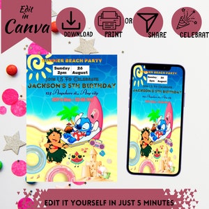 Faire-part d'anniversaire Lilo & Stitch Summer Beach Party et Evite mobile, modèles modifiables pour impression et partage numérique