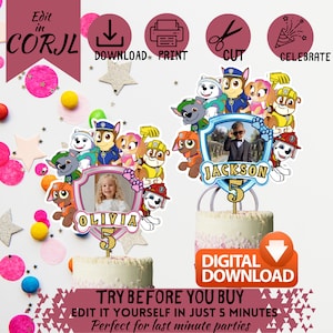 Topper per torta Pawty modificabile con foto - per feste dell'ultimo minuto / Personalizza con la foto del bambino, blu o rosa / Stampa digitale