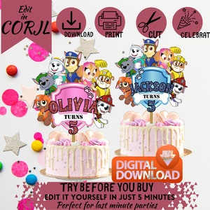 DIY Paw-ty Puppies Kids Cake Topper | Custom Name & Age Template for Last-Minute Parties | Girls/Boys | Blue/Pink | 8x8 Inch Digital Print