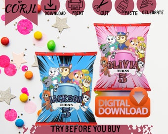 Personalized Glitter Kids Chip Bags | DIY Paw-ty | Girls/Boys |Blue/Pink | 11x8.5 Inch-Perfect for Last-Minute Parties!