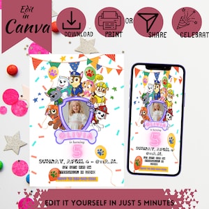 ¡Invitación personalizada con foto de Paw-ty para niños, E-Vite móvil con la foto de su hijo! Plantillas imprimibles y móviles