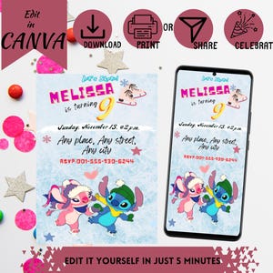 Faire-part d'anniversaire modifiable Stitch et Ange en patinage sur glace – Imprimable et mobile Evite !, modèle d'invitation à une fête de patinage sur glace, Stitch patin à glace