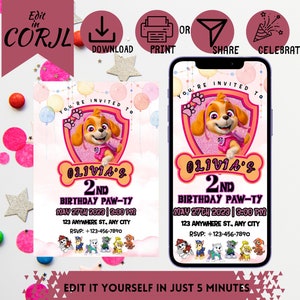 Bearbeitbare Skye Paw-ty Girls Digitale Einladungen - Kids Mobile E-Vite, perfekt für Last-Minute-Feiern!