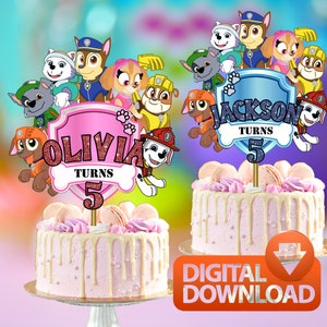 Personalized Glitter Kids Cake Topper | DIY Paw-ty | Girls/Boys | Blue/Pink | 8x8 Inch