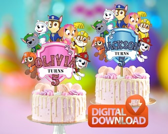 Personalized Glitter Kids Cake Topper | DIY Paw-ty | Girls/Boys | Blue/Pink | 8x8 Inch
