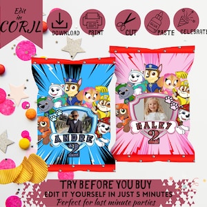Let&#39;s Paw-ty Puppies in Style! Personalized DIY Glitter Birthday Chips Bag with Your Child&#39;s Photo - Perfect for Last-Minute Parties!