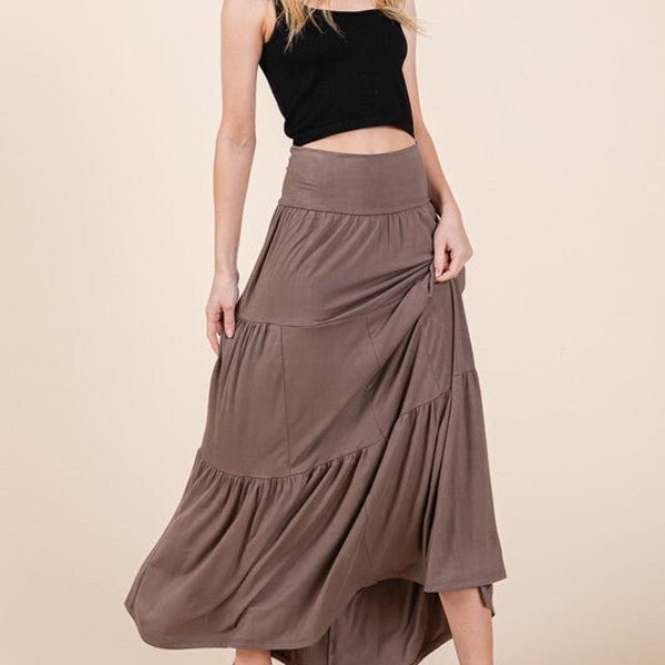 Organic Maxi Ruffle Skirt, Eco Friendly Summer Skirt, Flowy Long Skirt, Elegant Boho Skirt, Casual Loose Skirt, Flexible Elastic Waistband
