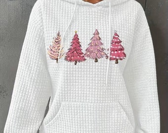 Plus Size Weihnachten Lässiges Sweatshirt, Frauen Plus Baum Print Langarm Kordelzug Hoodie Mit Taschen, Weihnachtsbaum Bequemer Hoodie, Niedlich