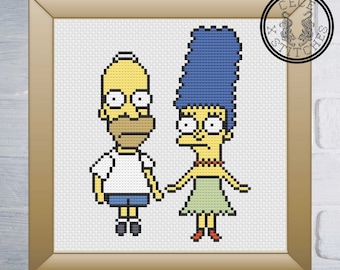 May include: Cross-stitch pattern of Homer and Marge Simpson from The Simpsons, in a yellow frame. Homer is wearing a white shirt and blue shorts. Marge is wearing a green dress and red shoes.