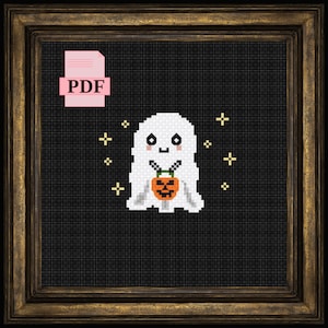 Cute trick or treat ghost cross stitch pattern download PDF, simple, easy, halloween