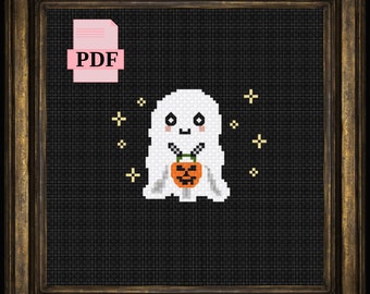 Cute trick or treat ghost cross stitch pattern download PDF, simple, easy, halloween