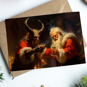 Krampus and Santa Claus Celebrating Christmas Toasting Holiday Card Mythical Christmas Cheers Greeting Warm Festive Gathering Packs