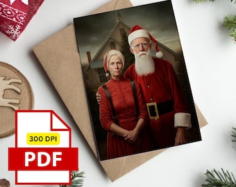 Printable Santa Claus American Gothic Parody 5x7 Card Mrs Claus Classic Art Twist PDF Instant Download Unique Christmas Greeting