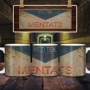 May include: Three white ceramic mugs with a blue and beige design. The mugs feature the text "Med Tek Berry Mentats" in red and white.