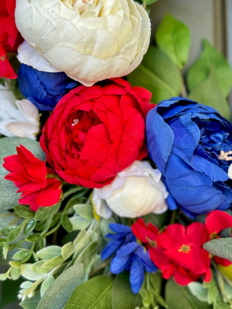 Patriotic wreath elegant 4th of July wreath Americana porch decor red white and blue door decor Independence Day ribbon sash front door image 9