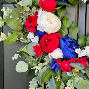 Patriotic wreath elegant 4th of July wreath Americana porch decor red white and blue door decor Independence Day ribbon sash front door image 5