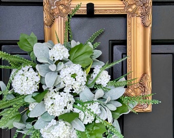 Front door hanger vintage frame wreath gold white door decor French country gallery wall cottage core wedding decor hydrangea eucalyptus