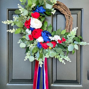 Patriotic wreath elegant 4th of July wreath Americana porch decor red white and blue door decor Independence Day ribbon sash front door image 2