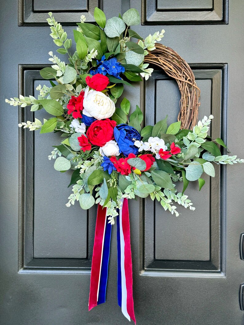 Patriotic wreath elegant 4th of July wreath Americana porch decor red white and blue door decor Independence Day ribbon sash front door image 2