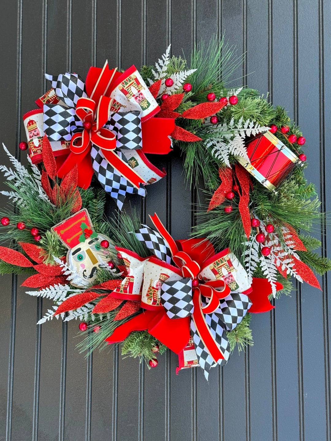 Nutcracker Wreath Red Gold Black White Drum Nutcracker Ribbon Wreath