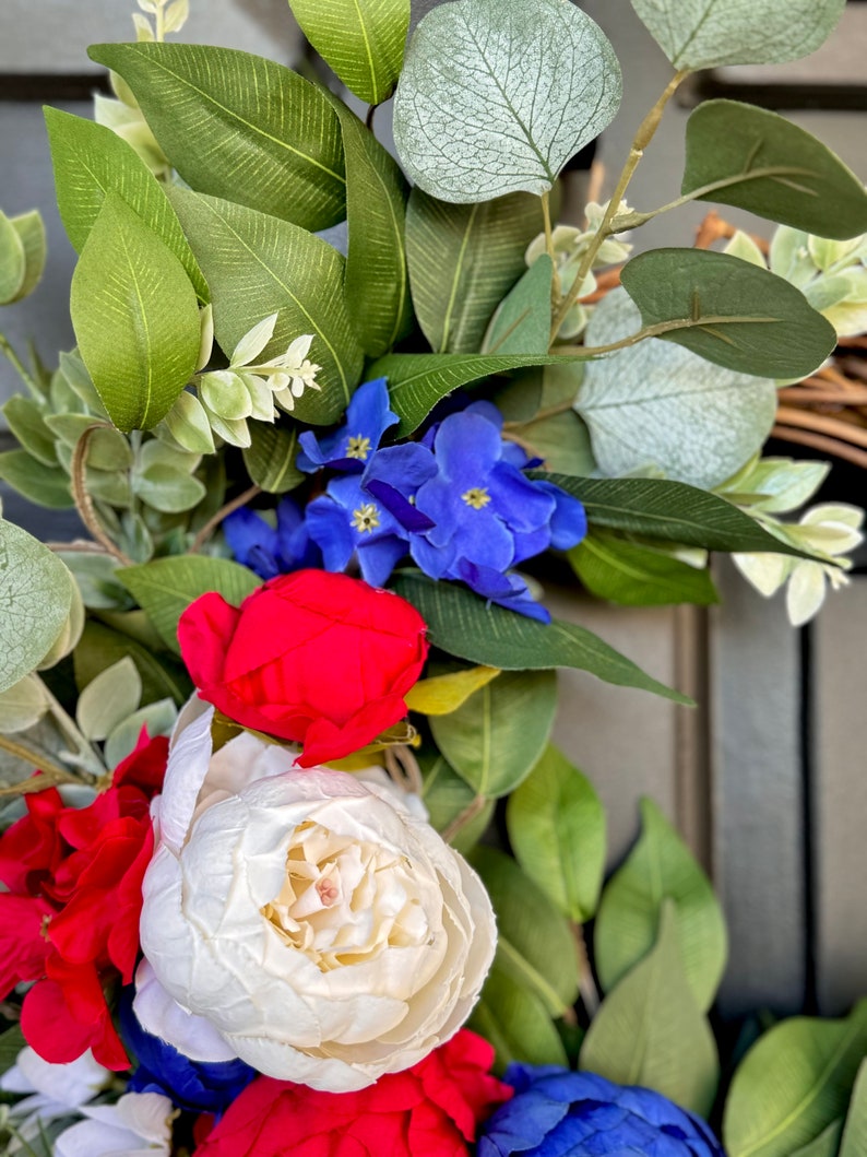 Patriotic wreath elegant 4th of July wreath Americana porch decor red white and blue door decor Independence Day ribbon sash front door image 7