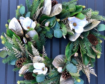 White gold magnolia Christmas wreath Eucalyptus Pine cone winter wreath classic gold magnolia holiday door hanger fir evergreen door decor