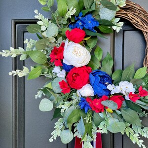 Patriotic wreath elegant 4th of July wreath Americana porch decor red white and blue door decor Independence Day ribbon sash front door image 4