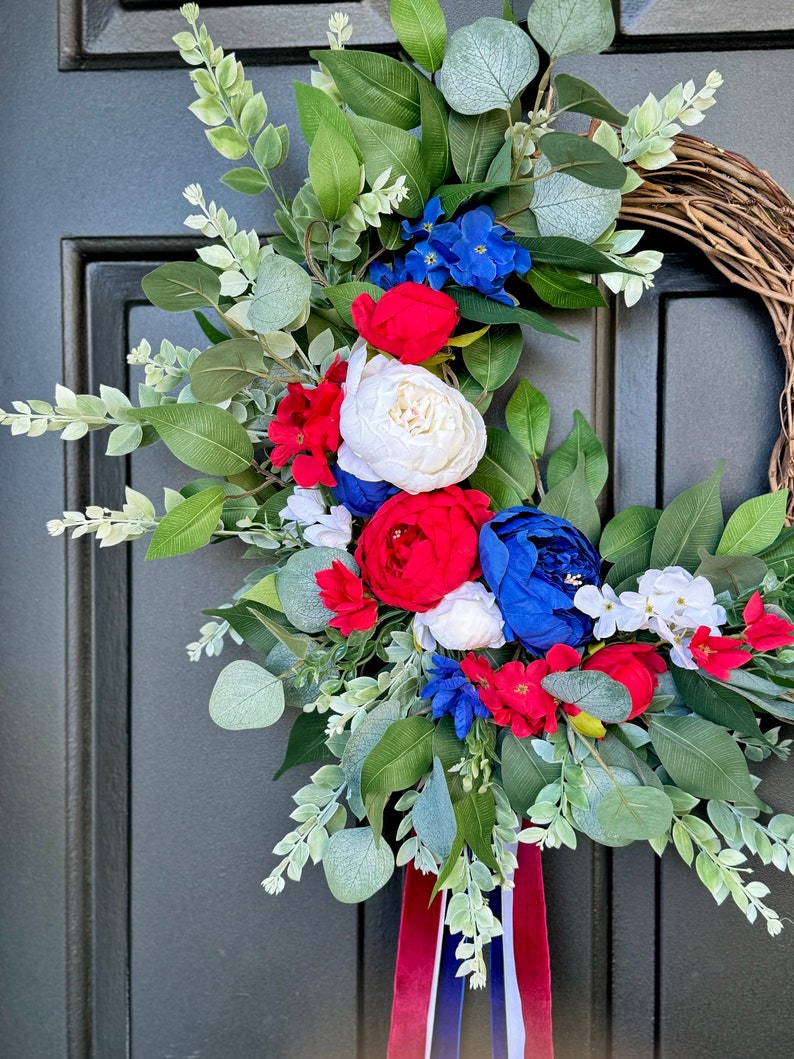 Patriotic wreath elegant 4th of July wreath Americana porch decor red white and blue door decor Independence Day ribbon sash front door image 4