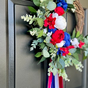 Patriotic wreath elegant 4th of July wreath Americana porch decor red white and blue door decor Independence Day ribbon sash front door image 6