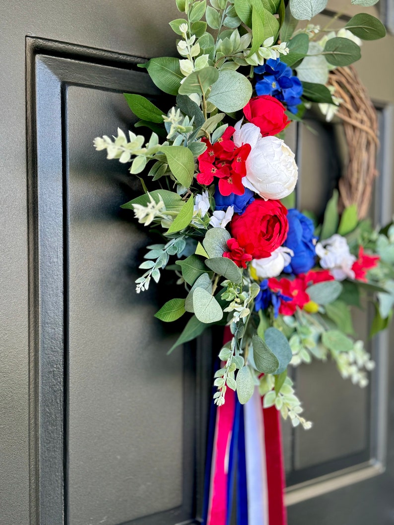 Patriotic wreath elegant 4th of July wreath Americana porch decor red white and blue door decor Independence Day ribbon sash front door image 6