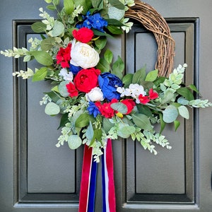 Patriotic wreath elegant 4th of July wreath Americana porch decor red white and blue door decor Independence Day ribbon sash front door image 1