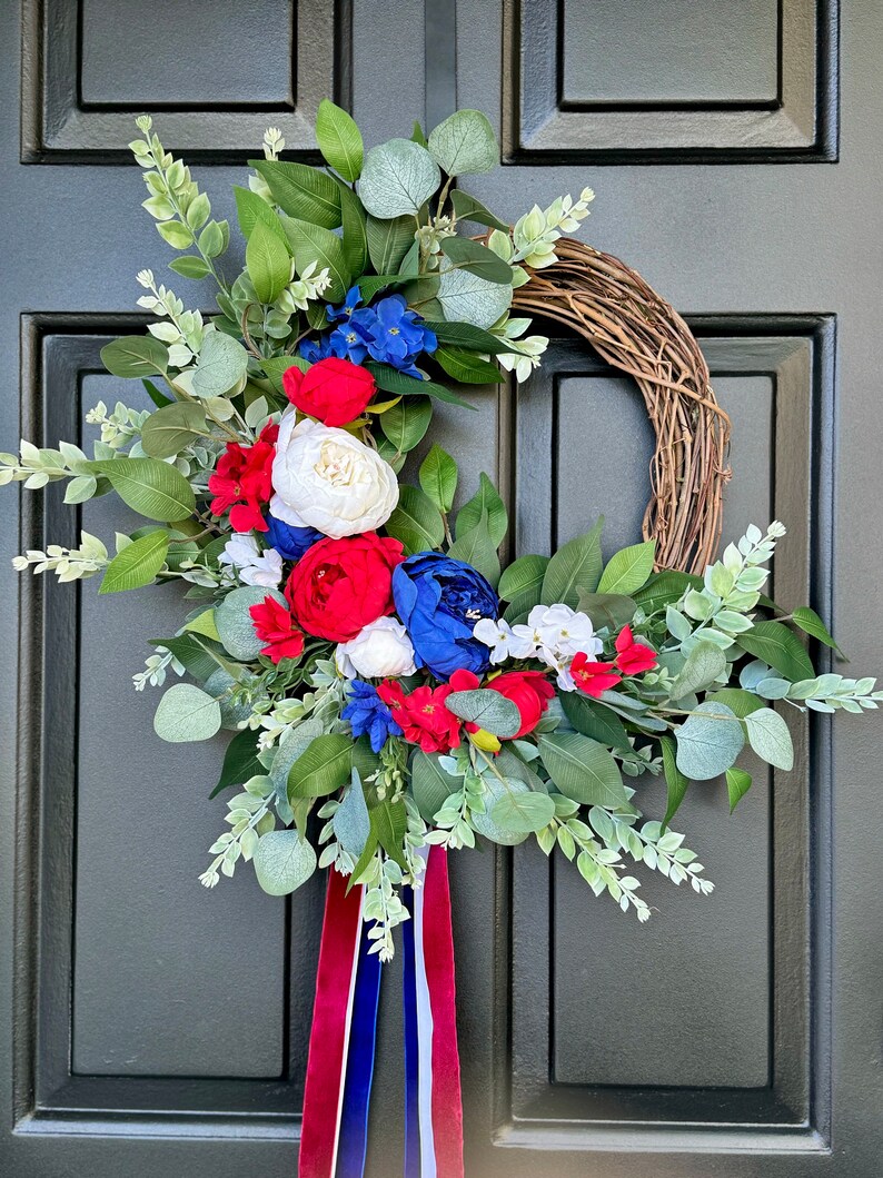 Patriotic wreath elegant 4th of July wreath Americana porch decor red white and blue door decor Independence Day ribbon sash front door image 3