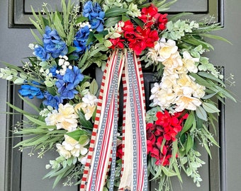 Patriotic wreath 4th of July wreath Americana porch decor red white and blue door decor Independence Day ribbon sash large front door